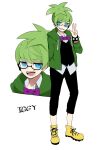  1boy :d arm_behind_back black_pants black_vest blue_eyes bow bowtie bracelet character_name full_body green_hair green_jacket grin hand_up iggy_koopa jacket jewelry looking_at_viewer lzesmelt male_focus multiple_views pants personification purple_bow purple_bowtie simple_background smile solo spiked_bracelet spikes standing super_mario_bros. vest white_background yellow_footwear 