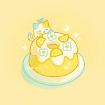  bundt_cake cake cat crescent_moon emily_kim food food_focus fruit green_cat highres icing lemon lemon_blossoms lemon_cake lemon_slice minimized moon no_humans original pastel_colors plate simple_background sparkle sprout sprout_on_head twitter_username yellow_background yellow_cat yellow_theme 