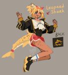  ;) blonde_hair blue_eyes dark-skinned_female dark_skin eyewear_on_head fins fish_tail milkytiddyboy one_eye_closed original ponytail red_shorts shark_girl shark_tail sharp_teeth shoes shorts smile sneakers socks tagme tail teeth white_socks 