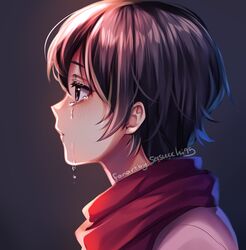  1girl artist_name black_eyes black_hair blue_background blush commentary crying crying_with_eyes_open english_commentary hair_between_eyes highres light looking_ahead mikasa_ackerman parted_lips portrait profile red_scarf sasucchi95 scarf shingeki_no_kyojin shirt short_hair simple_background solo tears white_shirt 