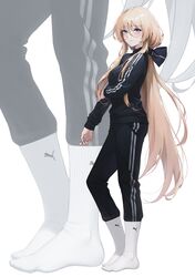  1girl absurdres alternate_costume aqua_eyes arm_grab azur_lane bismarck_(azur_lane) blonde_hair commission full_body ghhoward grabbing_own_arm hair_ribbon highres jacket looking_at_viewer low_ponytail no_shoes pants pixiv_commission puma_(brand) ribbon simple_background socks solo sportswear standing track_jacket track_pants white_background white_socks 