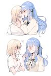  2girls @_@ absurdres artist_request bang_dream! bang_dream!_it&#039;s_mygo!!!!! black_ribbon blonde_hair blue_hair blush chinese_commentary commentary_request commission flying_sweatdrops hair_ribbon hand_on_another&#039;s_face highres kiss long_hair long_sleeves medium_hair meme misumi_uika multiple_girls ribbon second-party_source shirt simple_background thour_(meme) togawa_sakiko two_side_up violet_eyes white_background white_shirt yuri 