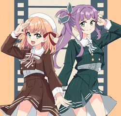  2girls :d absurdres aqua_eyes arm_up blush brown_jacket brown_skirt buttons cerise_bouquet closed_mouth commentary_request cowboy_shot cropped_shirt crossed_bangs double-breasted ereka film_strip fortune_movie_(love_live!) green_eyes green_jacket hair_bun hair_ribbon highres hinoshita_kaho jacket link!_like!_love_live! long_hair looking_at_viewer love_live! medium_hair multiple_girls neck_ribbon necktie official_alternate_costume open_hand open_mouth orange_background orange_hair otomune_kozue pinstripe_jacket pinstripe_pattern pinstripe_skirt purple_hair red_necktie red_ribbon ribbon shirt side_ponytail sidelocks single_side_bun skirt smile split_mouth two_side_up virtual_youtuber white_necktie white_shirt 