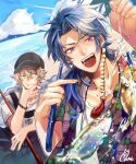  2boys aohitsugi_samatoki arisugawa_dice beach bead_necklace beads black_hat blue_eyes blue_hair blue_sky brown_hair clouds collarbone fingernails fish fishing_rod gami_ww glint holding holding_fishing_rod hypnosis_mic jewelry light_particles male_focus multiple_boys necklace open_mouth shirt signature sky teeth upper_teeth_only violet_eyes water_drop white_shirt 