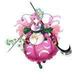  1girl bamboo bubble_skirt closed_mouth cosplay full_body green_shirt hata_no_kokoro hata_no_kokoro_(pseudo-servant:_teireita) highres holding holding_weapon long_hair long_sleeves looking_at_viewer mask pink_eyes pink_hair pink_skirt rotte_(1109) shirt simple_background skirt solo teireida_mai teireida_mai_(cosplay) third-party_source touhou touhou_lostword weapon white_background 