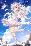  1girl bare_legs bare_shoulders blue_sky blush bottle closed_mouth clouds cloudy_sky commentary_request day dress fujima_takuya full_body grey_hair hair_ornament hat hat_ribbon high_heels highres holding holding_bottle isekai_ni_tobasaretara_papa_ni_nattandaga long_hair looking_at_viewer off-shoulder_dress off_shoulder orurea_(isepapa) outdoors red_eyes ribbon shoes sky smile solo standing standing_on_one_leg thighs twitter_username two_side_up very_long_hair water_bottle white_dress white_footwear white_hair white_hat 