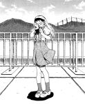  1girl arm_up choppy_bangs clouds cross cross_earrings crying earrings greyscale hair_ornament hairband hand_up jewelry long_hair marie_vincennes monochrome mountain mountainous_horizon neck_ribbon neon_genesis_evangelion non-web_source official_art on_roof power_lines railing ribbon rooftop school_uniform shirt shoes short_sleeves skirt sky socks solo standing suspender_skirt suspenders tears the_nerv_white_paper tokyo-3_middle_school_uniform transmission_tower wiping_tears 