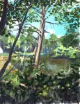 absurdres blue_sky bush clouds cloudy_sky day forest grass highres nature no_humans original painting_(medium) plant pond sanegesan scenery sky traditional_media water 
