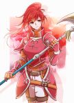 1girl armor axe breastplate closed_mouth commentary_request cowboy_shot fire_emblem fire_emblem:_path_of_radiance gloves highres hip_armor holding holding_axe jill_(fire_emblem) long_hair long_sleeves ponytail red_eyes redhead shoulder_armor smile solo twitter_username yutohiroya 