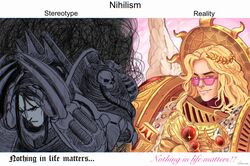  2boys angel_wings black_hair blonde_hair blood_angels feathered_wings gold_armor konrad_curze long_hair meme night_lords primarch red_eyes sanguinius warhammer_40k white_wings 