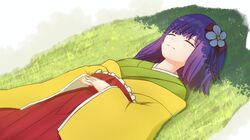  1girl absurdres closed_eyes closed_mouth commentary english_commentary flower grass green_kimono hair_flower hair_ornament hakama hakama_skirt hatoman_(ytef4434) hieda_no_akyuu highres japanese_clothes kimono long_sleeves lying on_back outdoors purple_hair red_skirt short_hair skirt solo touhou white_flower wide_sleeves 