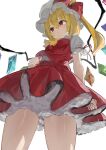  1girl absurdres ascot blonde_hair closed_mouth crystal_wings flandre_scarlet from_below highres medium_hair nanashita_shiki puffy_short_sleeves puffy_sleeves red_eyes short_sleeves side_ponytail solo thighs touhou white_background yellow_ascot 