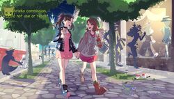  2girls ariekochan black_choker black_footwear black_hair black_jacket boots brown_eyes brown_footwear brown_hair cardigan choker closed_eyes commission dress english_commentary fletchling full_body furfrou gloria_(pokemon) green_hat grey_cardigan hat holding_hands jacket long_sleeves lumiose_city marnie_(pokemon) multiple_girls open_clothes open_jacket open_mouth people pink_dress pokemon pokemon_(creature) pokemon_swsh rotom rotom_phone scone tree 