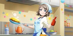  1girl :p absurdres apron bandana blue_eyes brown_hair food frying_pan game_cg highres holding holding_frying_pan love_live! love_live!_school_idol_festival_all_stars love_live!_sunshine!! official_art tongue tongue_out watanabe_you 