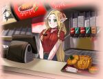  counter dungeon_meshi elf employee_uniform fast_food fast_food_uniform green_eyes long_hair looking_at_viewer marcille_donato nicomamu pointy_ears senshi_(dungeon_meshi) smile solo_focus twintails uniform 