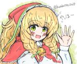  1girl bell blonde_hair blush bonnet bow bowtie braid cape commentary_request eliisa_(mahjong_soul) green_eyes hat kandatsu_swif long_hair long_sleeves looking_at_viewer mahjong_soul medium_bangs neck_bell open_mouth red_bow red_bowtie red_cape red_hat shirt smile solo translation_request twin_braids twitter_username upper_body waving white_background white_shirt 