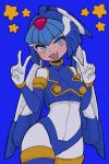 1girl absurdres android armor blue_armor blue_background blue_eyes blue_helmet blue_sleeves blue_vest boots breasts buzzlyears covered_navel crop_top crotch_plate detached_sleeves double_v fairy_leviathan_(mega_man) fang forehead_jewel helmet highres looking_at_viewer mega_man_(series) mega_man_zero_(series) open_mouth simple_background solo star_(symbol) thigh_boots upper_body v vest 