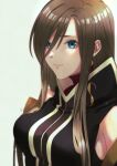  1girl black_dress blue_eyes brown_hair closed_mouth detached_sleeves dress eyelashes high_collar highres long_hair looking_at_viewer mifuta signature smile solo tales_of_(series) tales_of_the_abyss tear_grants upper_body white_background 