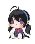  1girl arms_between_legs black_cape black_hair blue_hairband blue_robe blush_stickers brown_dust_2 cape chibi crying crying_with_eyes_open elf frown full_body hairband highres loen_(brown_dust_2) looking_ahead open_mouth pointy_ears rainmiaoyin robe simple_background sitting solid_oval_eyes solo tears twintails violet_eyes white_background 