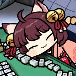  1girl :3 ahoge animal_ears bell blush brown_hair cat_ears cat_girl chibi closed_mouth commentary hair_bell hair_ornament hair_ribbon ichihime japanese_clothes jazz_jack jingle_bell kimono lowres mahjong mahjong_soul mahjong_table mahjong_tile medium_bangs pink_kimono red_ribbon ribbon short_hair sleeping smile solo table upper_body 