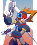  absurdres android armor axl_(mega_man) black_armor brown_hair cowboy_shot dual_wielding energy_gun forehead_jewel from_above green_eyes gun helmet highres holding holding_gun holding_weapon light_trail long_hair looking_at_viewer looking_up male_focus mega_man_(series) mega_man_x_(series) red_helmet shoulder_armor smirk spiky_hair weapon xtevecb 