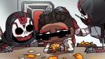  1girl 2boys apex_legends bar_censor black_eyes blank_room_soup bracelet cartoonized censored chibi dark-skinned_female dark_skin fingerless_gloves food frown fruit gloves grey_gloves hand_on_another&#039;s_head headpat highres humanoid_robot identity_censor jacket jewelry loba_(apex_legends) miyan_(oceanmaiden) multiple_boys orange_(fruit) parody peeling revenant_(apex_legends) robot runny_makeup simulacrum_(titanfall) solid_eyes toon_(style) white_jacket 