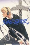  1boy ann_yasu_d black_shirt blonde_hair blue_eyes boombox candy collared_shirt cross cross_necklace food headphones highres jewelry lollipop long_sleeves male_focus necklace pants shirt short_hair soul_eater 