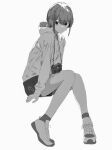  1girl absurdres camera camera_around_neck commentary_request full_body greyscale hair_between_eyes highres hood hoodie looking_at_viewer monochrome original ponytail shimkarom shoes shorts simple_background sitting sneakers solo 