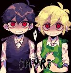 2boys antenna_hair arms_at_sides artist_name basil_(faraway)_(omori) basil_(omori) black_background black_hair black_sweater_vest blonde_hair clenched_teeth collared_shirt copyright_name green_sweater_vest hair_behind_ear hair_between_eyes hand_on_own_chest looking_at_viewer looking_up male_focus multiple_boys official_alternate_eye_color omori red_eyes repikinoko scared shaded_face shirt short_hair short_sleeves something_(omori) straight-on sunny_(omori) sweat sweater_vest teeth white_shirt 