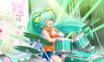  1girl ;d aqua_hair artist_request bare_shoulders blue_skirt boots bow cowboy_shot drum drum_set drumsticks floating_hair frilled_skirt frills frog_girl from_side hair_bow high_ponytail holding holding_drumsticks instrument jacket jacklyn_(show_by_rock!!) long_hair looking_at_viewer official_art one_eye_closed open_mouth orange_jacket ponytail rubber_boots scrunchie show_by_rock!! sitting skirt sleeveless sleeveless_jacket smile solo sparkle stage stage_lights striped_bow tadpole_tail third-party_source wrist_scrunchie yellow_eyes yellow_footwear 