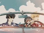  1girl 2boys :o artist_name black_hair blonde_hair blue_eyes blue_shirt brown_eyes brown_hair buddy_daddies car child child_safety_seat clouds driving english_commentary family hand_up hawaiian_shirt headband highres kurusu_kazuki motor_vehicle multiple_boys polka_dot polka_dot_shirt rear-view_mirror red_shirt shirt short_hair suwa_rei tinted_eyewear twitter_username uminoyurei unasaka_miri 