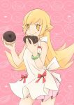  1girl bakemonogatari bare_shoulders blonde_hair blush_stickers bow crumbs doughnut dress dress_bow fang food hair_flaps holding holding_food monogatari_(series) oshino_shinobu pink_background pointy_ears red_bow skin_fang smile solo white_dress yellow_eyes yuiuy123 