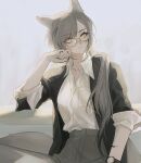  1girl alternate_hairstyle animal_ears arknights arm_support bespectacled black_jacket blue_eyes brown_hair collared_shirt commentary_request frown gae_tteok00 glasses grey_background grey_skirt head_rest jacket jewelry korean_commentary looking_at_viewer penance_(arknights) ponytail ring shirt simple_background skirt sleeves_rolled_up tail watch watch white_shirt wolf_ears wolf_girl wolf_tail yellow_eyes 