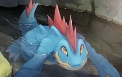  alligator blue_skin colored_skin crocodilian feraligatr fins full_body looking_at_viewer nullma partially_submerged pokemon pokemon_(creature) river solo yellow_eyes 