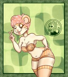  angeltsuki copyright_request flower furry furry_female genderswap genderswap_(mtf) hamster hamster_girl hamtaro hamtaro_(series) non-web_source pink_hair pinup_(style) sunflower thigh-highs 