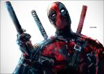  1boy artist_name bodysuit commentary_request deadpool deadpool_(series) gradient_background grey_background gun handgun holding holding_gun holding_weapon k-suwabe katana looking_at_viewer male_focus marvel mask solo sword upper_body weapon 