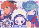  !? 2girls 3boys :o abe_(kumayu) black_eyes blue_mittens blue_scarf blush_stickers closed_mouth commentary_request cosplay crown earrings epaulettes eyelashes gloves green_eyes grey_pupils grusha_(pokemon) hands_up headband heart highres hood hoodie index_finger_raised jacket jewelry letterboxed long_sleeves looking_at_viewer mittens multiple_boys multiple_girls nate_(pokemon) nate_(pokemon)_(cosplay) open_mouth orange_headband partially_fingerless_gloves pokemon pokemon_bw2 pokemon_masters_ex pokemon_sv pokemon_swsh poppy_(pokemon) raihan_(pokemon) rika_(pokemon) scarf striped_clothes striped_scarf undercut yellow_jacket 