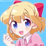 1girl artist_name blonde_hair blue_eyes bow cyappy1022 dress hair_between_eyes hair_bow happy long_bangs mother_(game) mother_2 open_mouth paula_(mother_2) pink_dress short_hair smile solo 