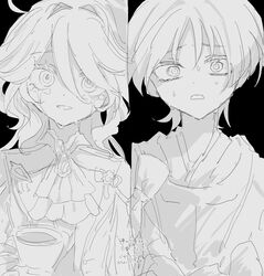  1boy 1girl ascot black_background bow brooch cowlick crying cup furina_(genshin_impact) genshin_impact hair_intakes highres holding holding_cup japanese_clothes jewelry kariginu kodona lolita_fashion long_eyelashes long_hair looking_at_viewer monochrome open_mouth parted_bangs scaramouche_(genshin_impact) scaramouche_(kabukimono)_(genshin_impact) sidelocks streaming_tears sweat swept_bangs teacup tears thick_eyelashes translation_request xxxo_oxxx 
