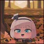  1girl :3 acorn autumn_leaves black_bow black_hairband blue_eyes blush bob_cut bow bow_hairband candy chocolate chocolate_bar commentary_request food forest full_body ginkgo_leaf hairband highres konpaku_youmu leaf maple_leaf medium_bangs nature open_mouth pinecone psychic_parrot short_hair smile solo textless_version touhou tree white_hair yukkuri_shiteitte_ne 