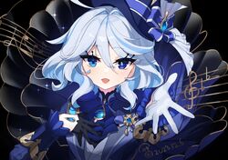  1girl absurdres ascot asymmetrical_gloves black_background black_gloves blue_ascot blue_bow blue_eyes blue_gemstone blue_hair blue_hat blue_jacket blue_ribbon bow chinese_commentary commentary_request dated drop-shaped_pupils eyelashes furina_(genshin_impact) gem genshin_impact gloves hair_between_eyes hand_on_own_chest hat hat_bow hat_ribbon heterochromia highres jacket kodona light_blue_hair light_blush lolita_fashion long_hair looking_at_viewer mismatched_gloves multicolored_hair musical_note open_mouth outstretched_arm partial_commentary ribbon signature solo streaked_hair symbol-shaped_pupils teeth ulrica.h upper_teeth_only white_gloves white_hair 