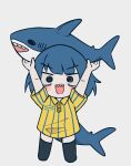  1girl :d absurdres arms_up black_eyes black_thighhighs blue_hair blush_stickers collared_shirt deformed ear_piercing fins fish_tail full_body highres holding holding_stuffed_toy ikea_shark logo_parody looking_at_viewer melonbread no_nose no_pants original piercing pinstripe_pattern pinstripe_shirt shark_tail sharp_teeth shirt short_hair short_sleeves simple_background smile solo stuffed_animal stuffed_shark stuffed_toy tail teeth thigh-highs v-shaped_eyebrows white_background yellow_shirt zettai_ryouiki 