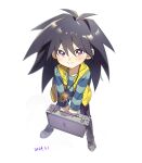  1boy black_hair black_pants blue_shirt blush collarbone dated full_body highres holding holding_suitcase kaiba_mokuba long_hair looking_at_viewer male_focus moemoenomori pants shirt simple_background solo suitcase vest violet_eyes white_background yellow_vest yu-gi-oh! yu-gi-oh!_duel_monsters 