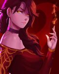  absurdres black_choker black_hair breasts choker cinder_fall commission commissioner_upload dress earrings fire highres jewelry light_smile medium_breasts red_dress ridd-li rwby yellow_eyes 