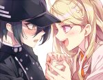  1boy 1girl ahoge akamatsu_kaede aqua_hair baseball_cap black_hat black_jacket blonde_hair blush buttons collared_jacket collared_shirt colored_eyepatch commentary crest danganronpa_(series) danganronpa_v3:_killing_harmony double-breasted eye_contact eyelashes eyepatch fingernails hair_between_eyes hair_ornament happy hat high_collar holding_hands inzup jacket light_blush long_hair long_sleeves looking_at_another musical_note musical_note_hair_ornament necktie nervous open_mouth orange_necktie pocket purple_vest saihara_shuichi shirt simple_background smile sweatdrop symbol-only_commentary teeth upper_body upper_teeth_only v-neck vest violet_eyes white_background white_shirt white_sleeves 