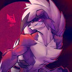  black_fur clenched_teeth dated glowing glowing_eyes iamblz_twt looking_at_viewer lycanroc lycanroc_(midnight) multicolored_fur pink_eyes pokemon pokemon_(creature) red_fur ringed_eyes signature solo teeth upper_body white_fur 