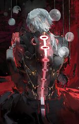  1boy absurdres barcode barcode_tattoo black_sclera colored_sclera cyborg english_commentary facial_tattoo from_behind glowing grey_hair highres looking_back mechanical_parts mechanical_spine ponytail punishing:_gray_raven red_eyes roland_(punishing:_gray_raven) secretfj520 solo tattoo 