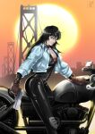  1girl angel_cop angel_mikawa(angel_cop) background bike black_hair bridge cowboy_shot denim_jacket motorcycle sunset two_tone weapon 