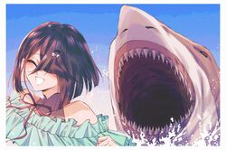  1girl bare_shoulders black_eyes black_hair closed_eyes fangs fate/grand_order fate_(series) great_white_shark hair_ornament hair_over_one_eye happy highres open_mouth pipipiinat ribbon shark short_hair smile swimsuit teeth xu_fu_(fate) xu_fu_(swimsuit_avenger)_(fate) xu_fu_(swimsuit_avenger)_(second_ascension)_(fate) 