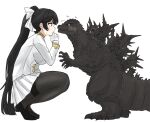  1girl azur_lane black_footwear black_hair black_pantyhose bow breasts closed_mouth from_side gloves godzilla godzilla_(minus_one) godzilla_(series) godzilla_minus_one hair_bow hand_on_own_chin highres ibuki_(tulta_icon) kaijuu large_breasts long_hair military_uniform pantyhose pleated_skirt simple_background skirt spines squatting sweatdrop takao_(azur_lane) uniform very_long_hair white_background white_bow white_gloves white_skirt white_uniform 